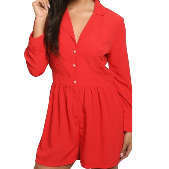 Red Long Sleeve Button Down Romper - Picture 6 of 8